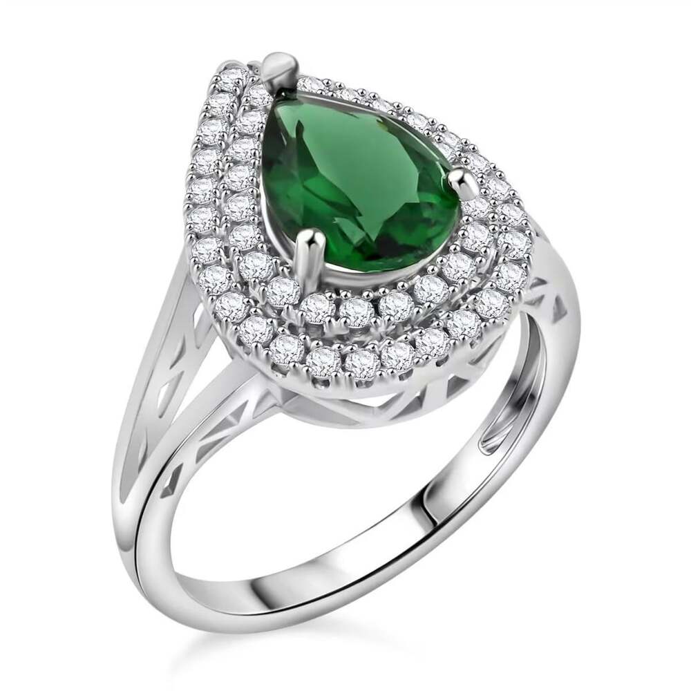 Pear-Shaped Simulated Emerald and White Cubic Zirconia Double Halo Split Shank R